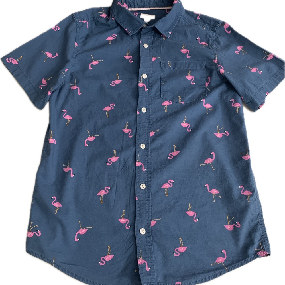 Cat & Jack Flamingo Print Button Down Shirt - Blue and Pink